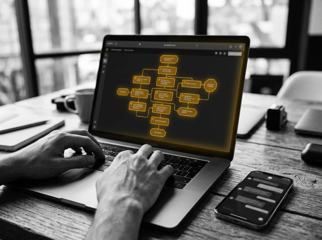 Laptop showing a glowing amber gold workflow automation diagram with a chatbot conversation on a phone beside it, black and white photo