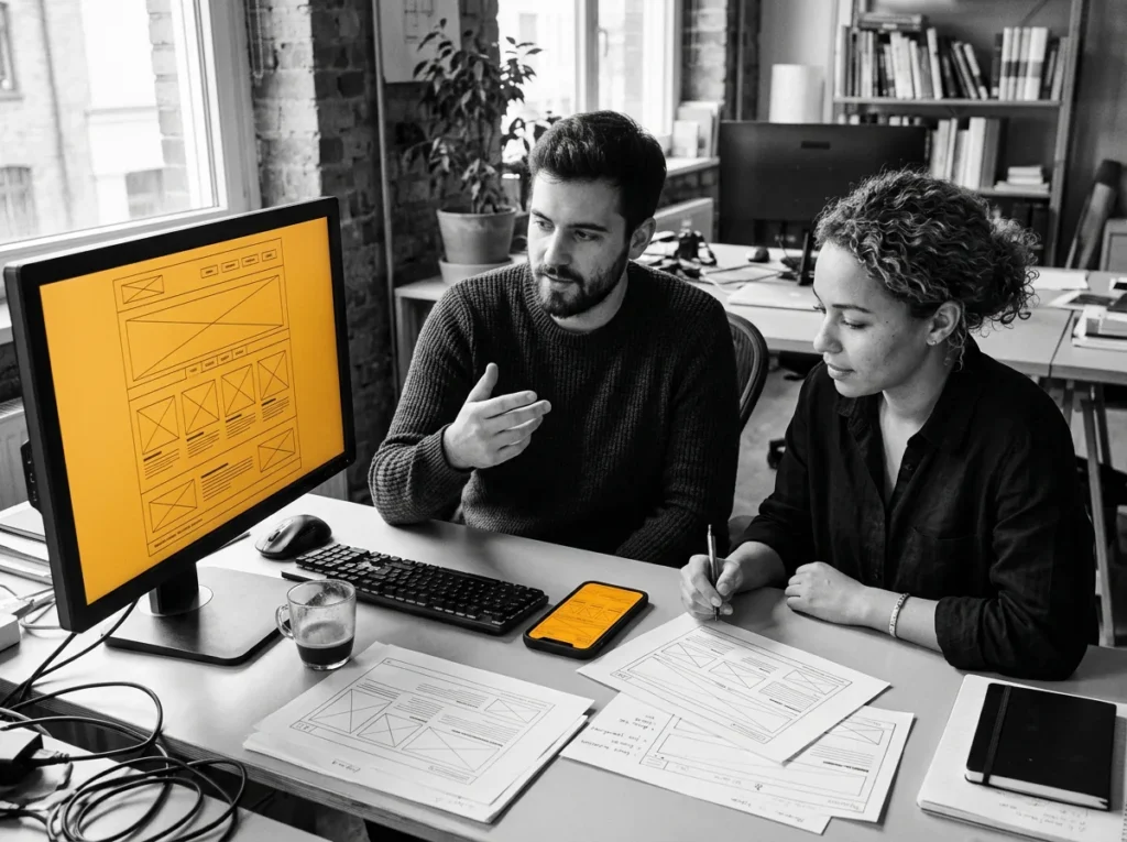 Developer and designer planning a website wireframe on a large amber gold monitor with the mobile version on a phone, black and white photo