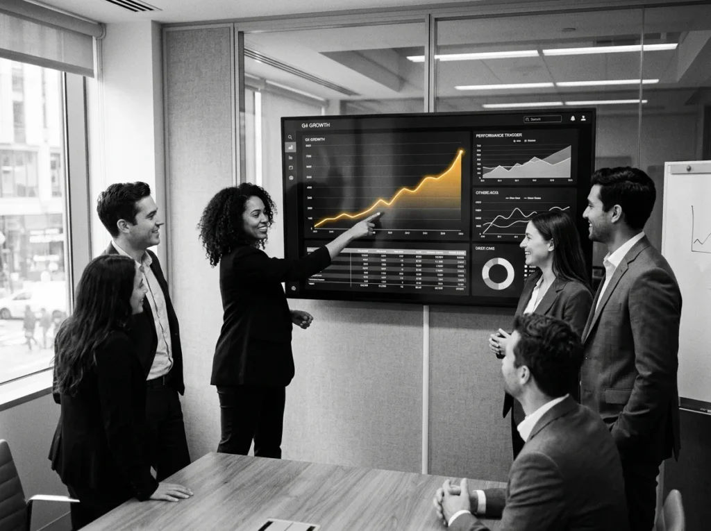 Marketing team reviewing a rising amber gold growth chart on a wall dashboard in a meeting room, black and white photo